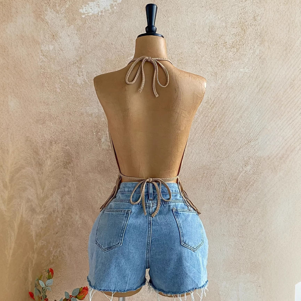 Fringed Cowl-Neck Halter Top