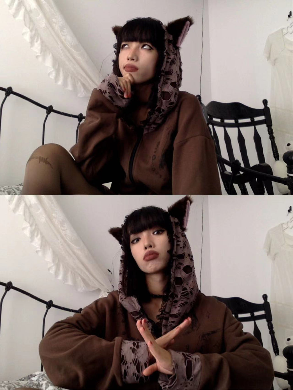 Distressed Zip Hoodie with Cat-Ear Hair Clip