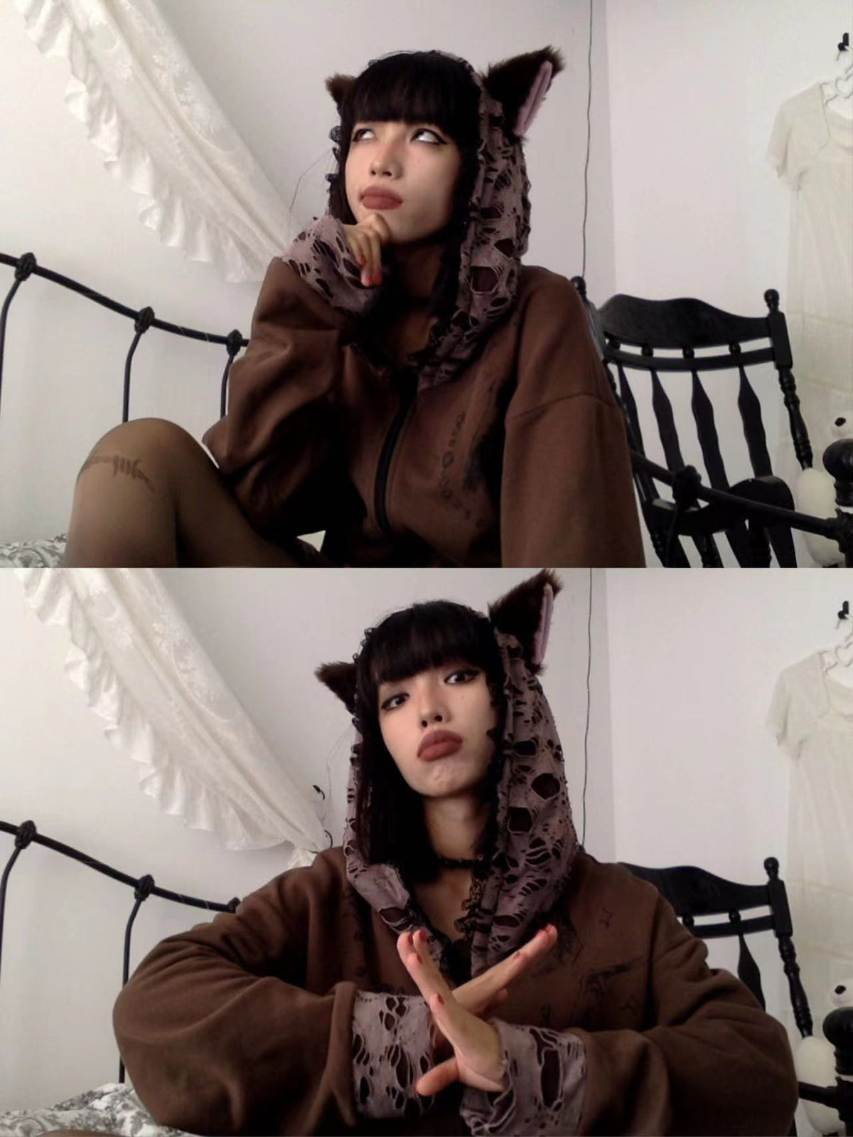 Distressed Zip Hoodie with Cat-Ear Hair Clip