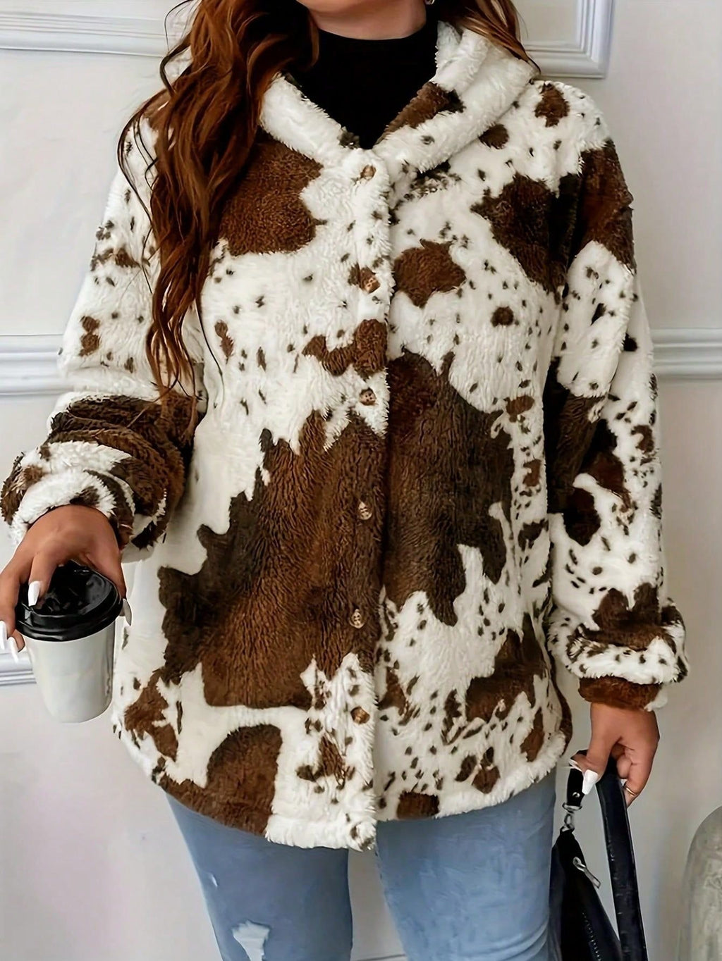 Cow-Print Plush Button Jacket