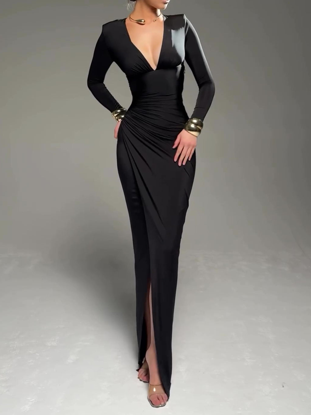 Deep V-Neck Pleated Dress