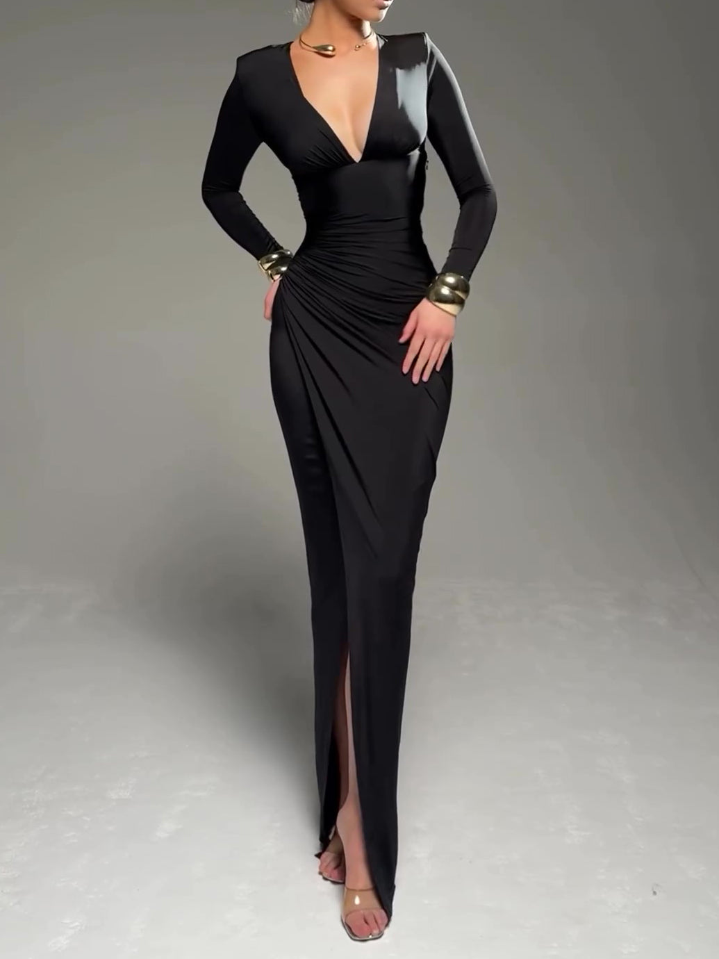 Deep V-Neck Pleated Dress