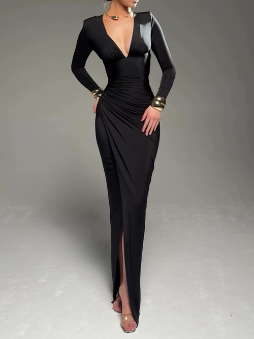 Deep V-Neck Pleated Dress