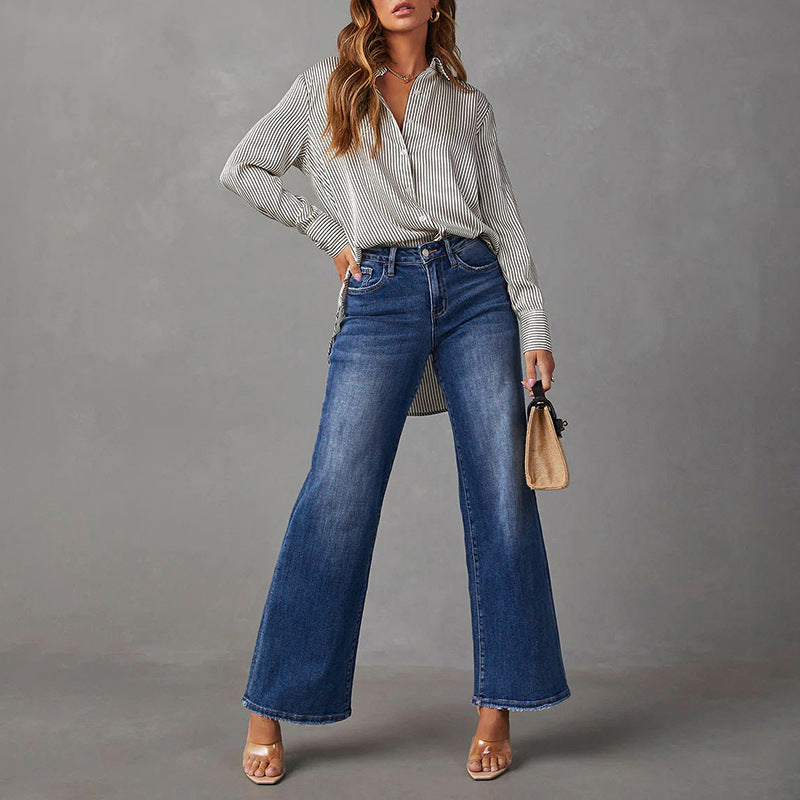 Dark-Wash Wide-Leg Stretch Jeans