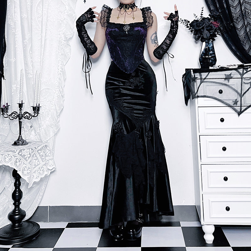 Gothic Floral Fishtail Maxi Skirt