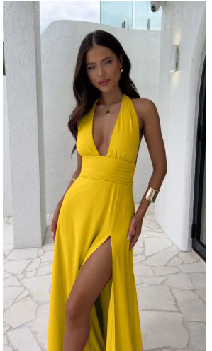 Halter V-Neck Slit Dress