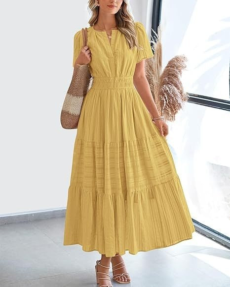 V-Neck Puff-Sleeve Tiered Dress