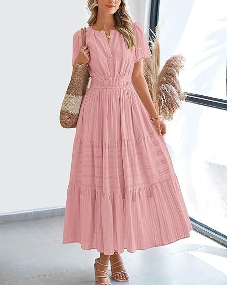 V-Neck Puff-Sleeve Tiered Dress