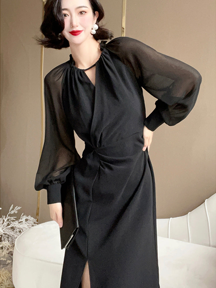 Sheer-Sleeve Twist-Waist Dress