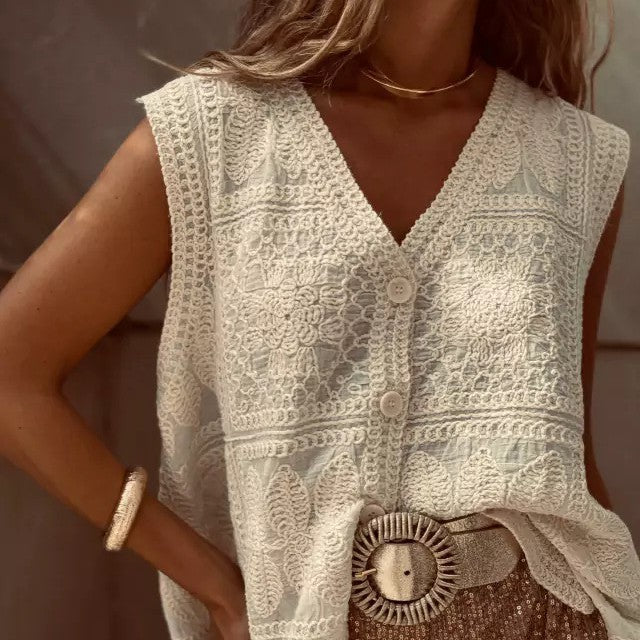 Openwork V-Neck Button Vest