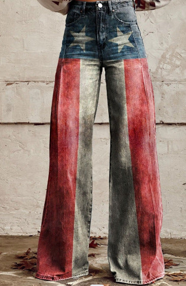 Printed Denim-Look Wide-Leg Pants