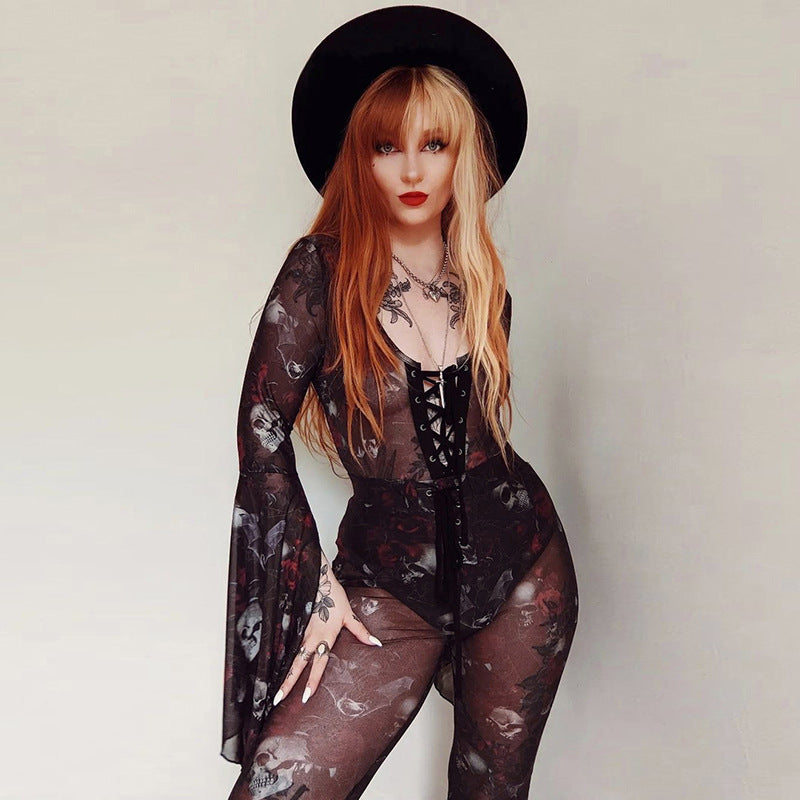 Sheer Bell-Sleeve Lace-Up Bodysuit