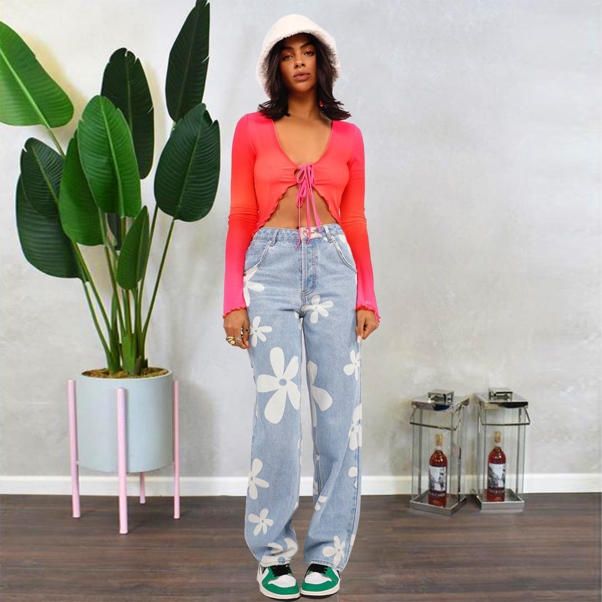 Floral-Print Straight-Leg Jeans
