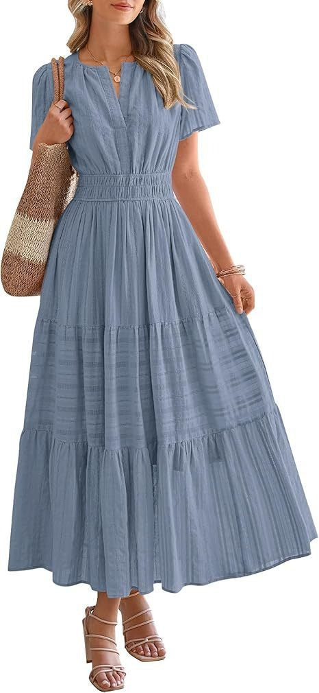 V-Neck Puff-Sleeve Tiered Dress