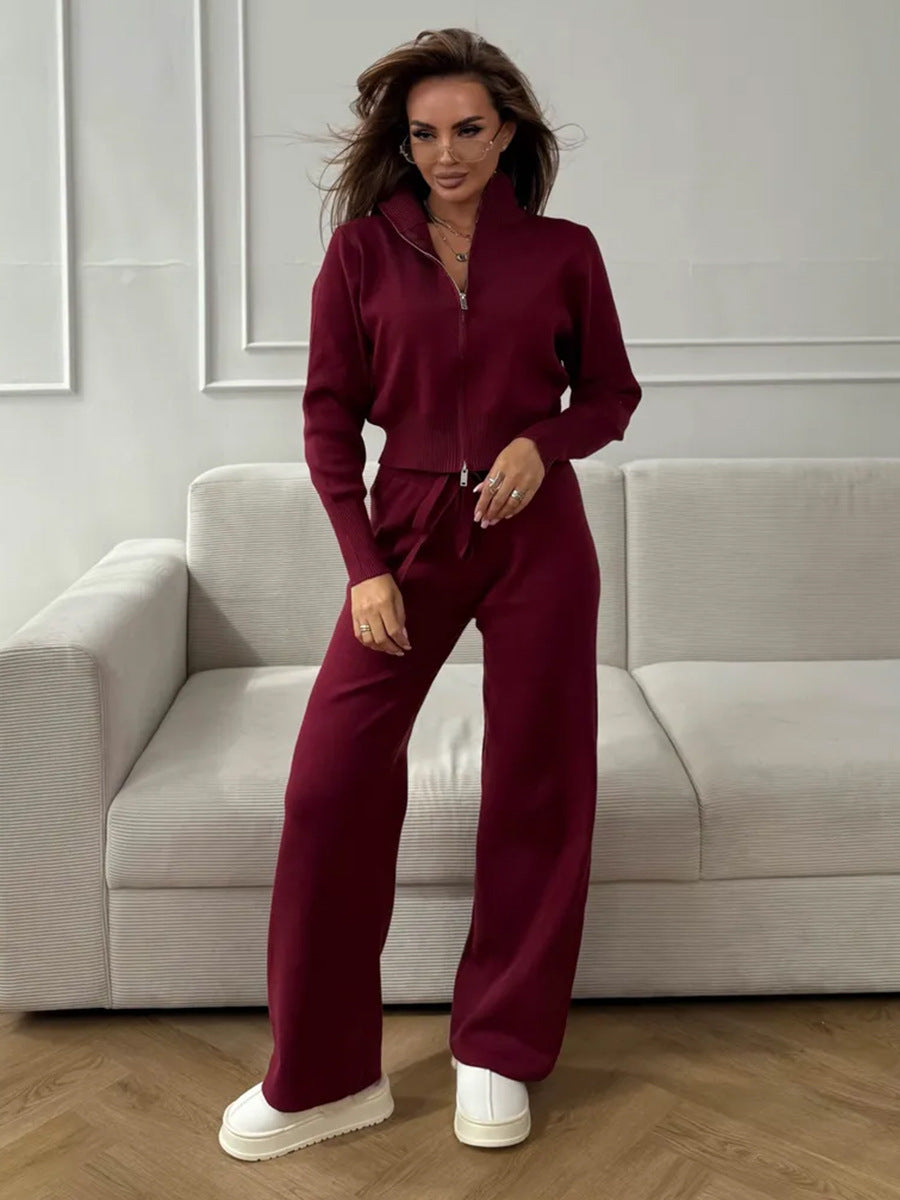 Zip-Front Knit Top & Pants Set