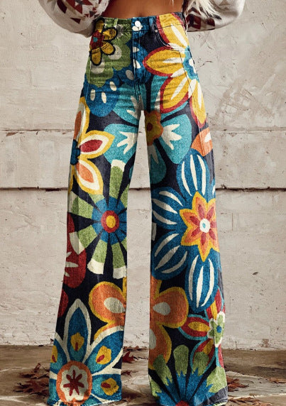 Printed Denim-Look Wide-Leg Pants