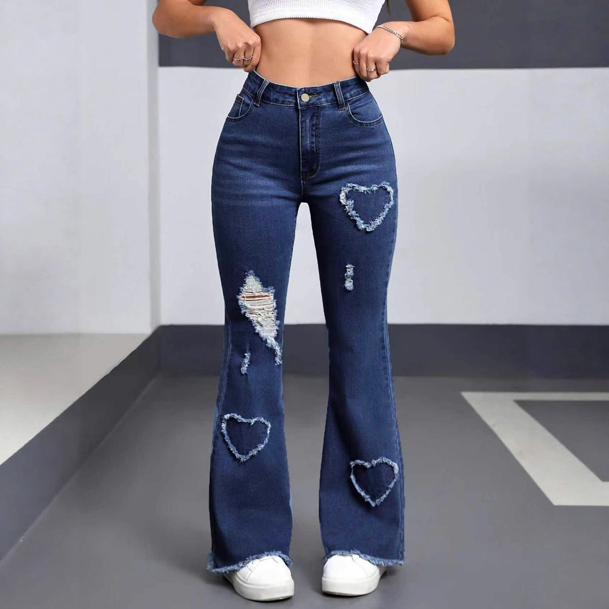Heart-Distressed Flared Jeans