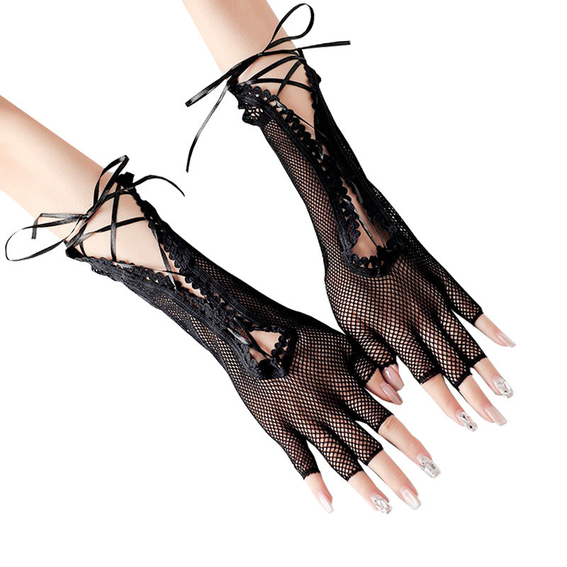 Lace-Up Fingerless Mesh Gloves