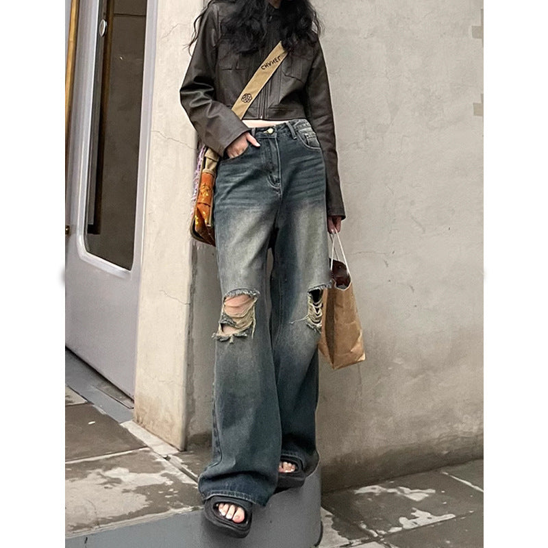 Washed Distressed Straight-Leg Jeans