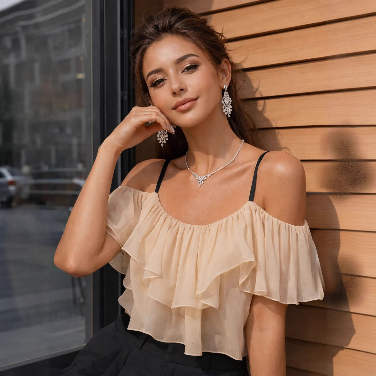 Ruffled Cold-Shoulder Crop Top