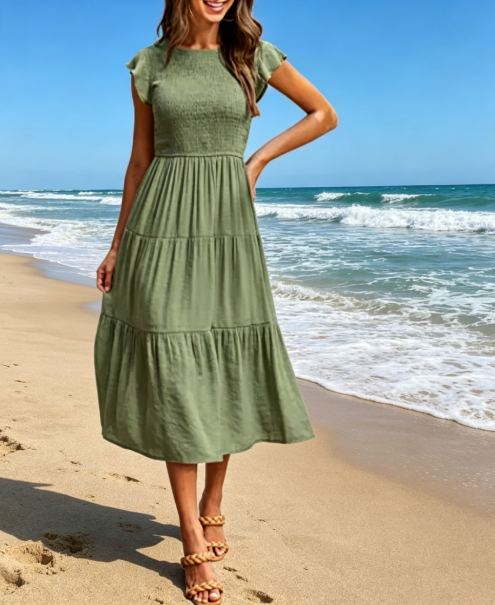 Flutter-Sleeve Ruched Dress