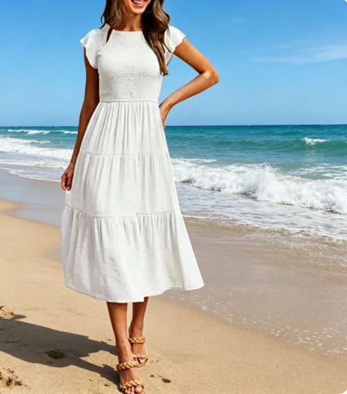 Flutter-Sleeve Ruched Dress