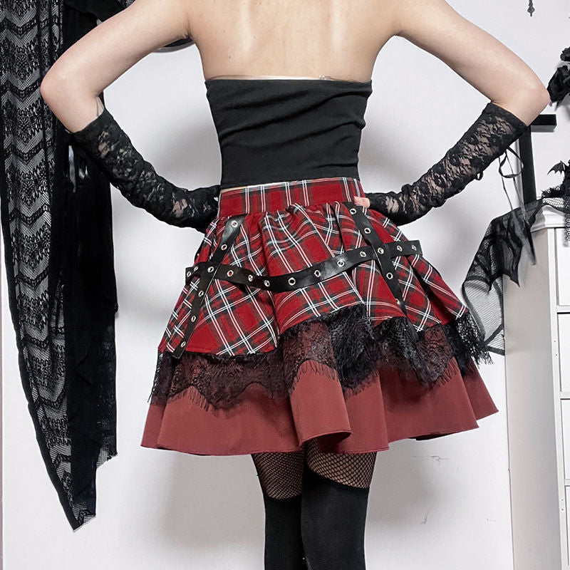 Plaid & Lace Tiered Mini Skirt