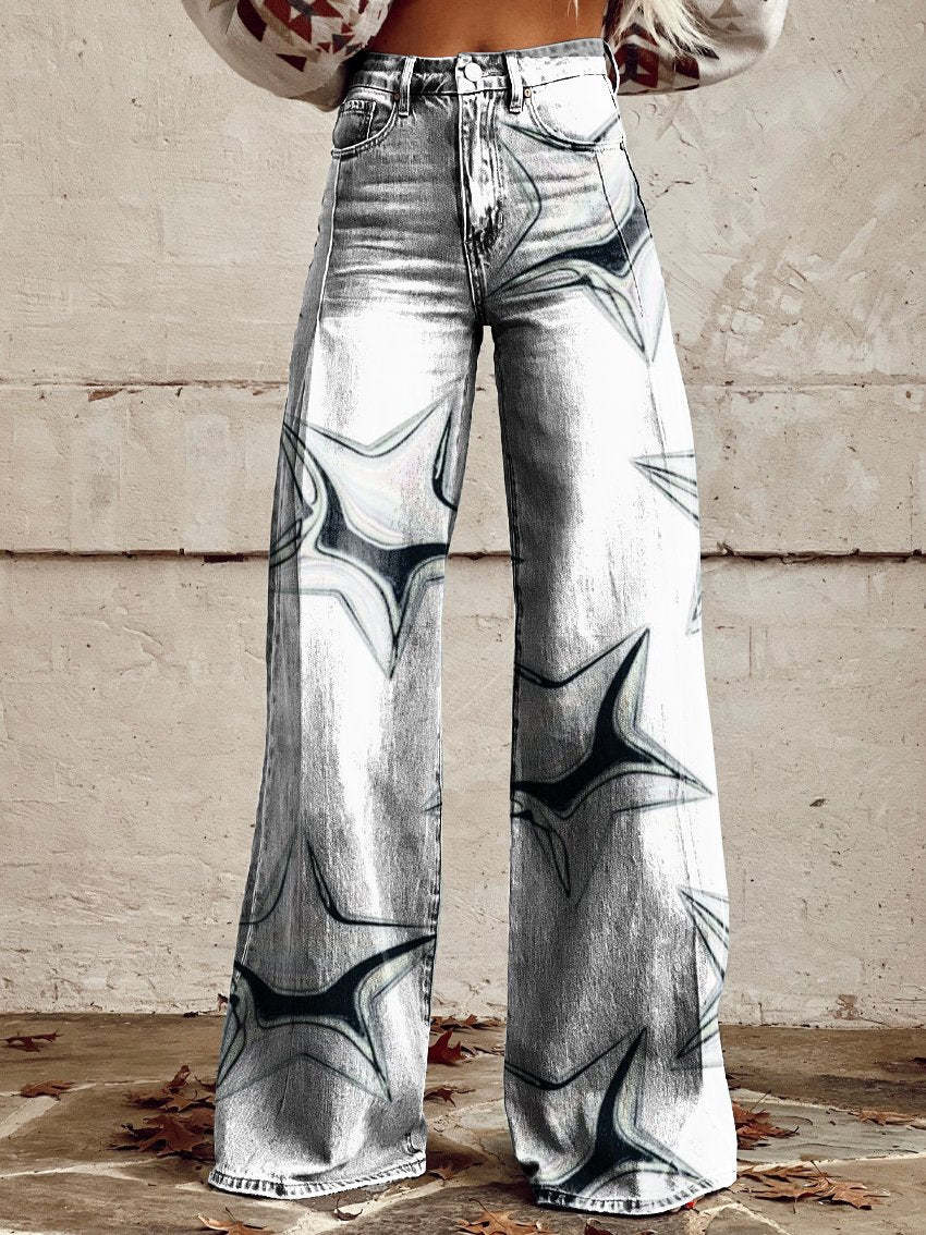 Printed Denim-Look Wide-Leg Pants