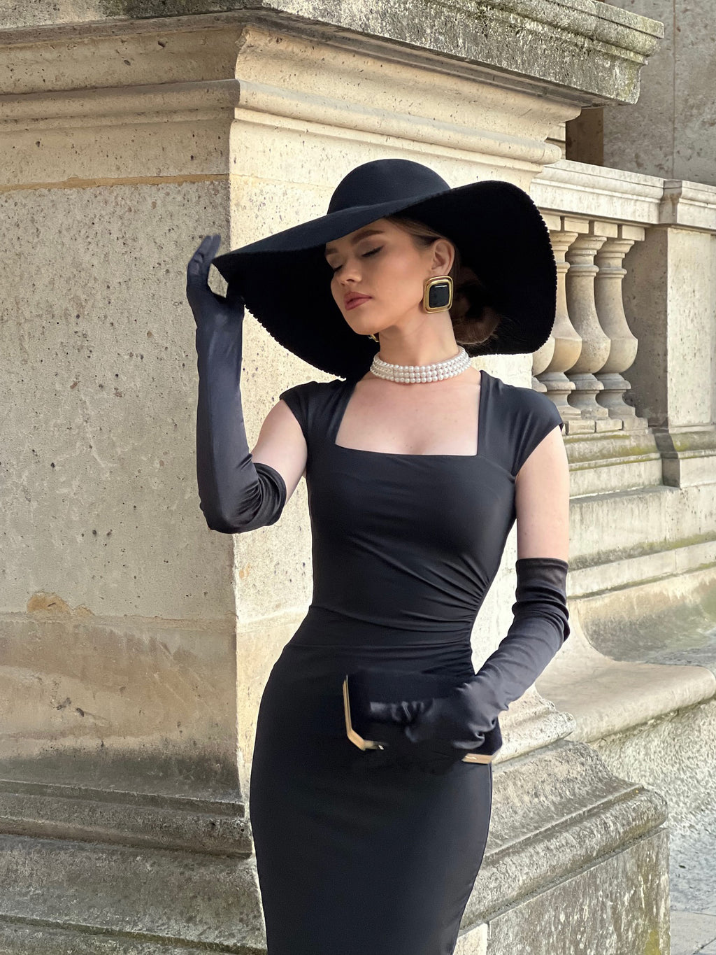 Square-Neck Dress & Gloves